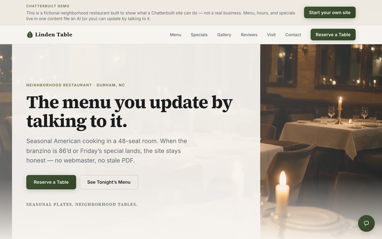 Linden Table — restaurant demo site built on the Chatterbuilt template